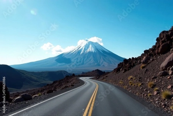 Fototapeta Asphalt ribbon curving towards a snow-capped peak under a vibrant sky, a journey into a majestic volcanic landscape