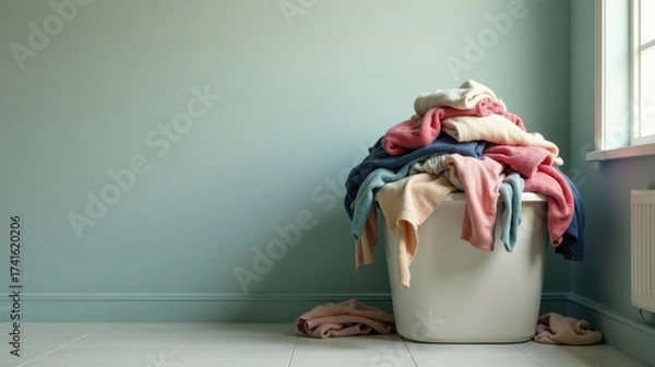 Fototapeta Overfull Laundry Basket Overflowing with Soft, Clean Towels and Fabrics in a Light-Colored Bathroom