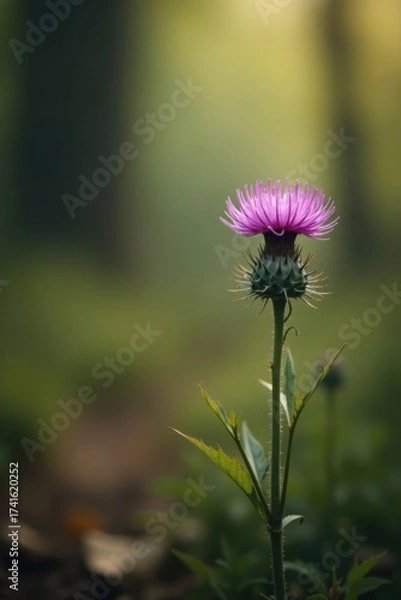 Fototapeta A solitary purple thistle blooms majestically in a soft-focus natural setting, its delicate petals catching the gentle sunlight, a symbol of resilience and beauty in the wild.