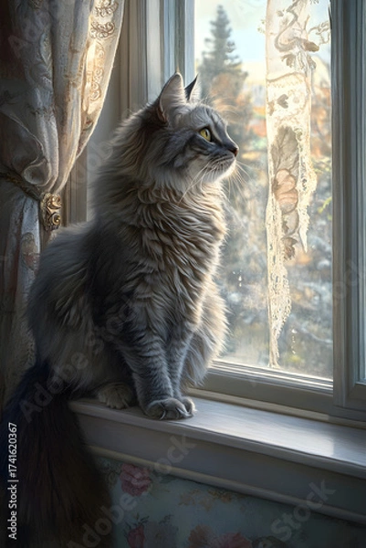 Fototapeta Elegance and Serenity: A Ct's Contemplative Morning y the Window