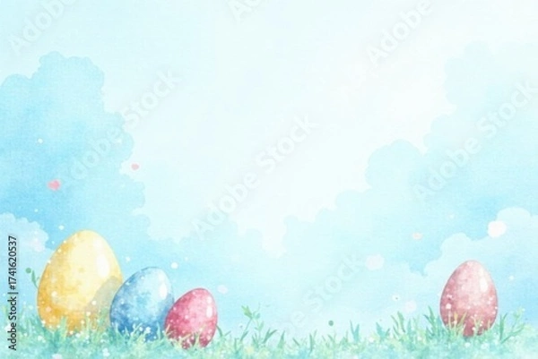 Fototapeta Pastel Eggs Resting in a Spring Meadow Under a Soft Blue Sky