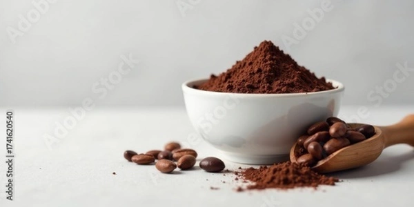 Fototapeta Aromatic cocoa powder in a bowl, accompanied by roasted coffee beans in a wooden scoop, rests on a pristine surface.