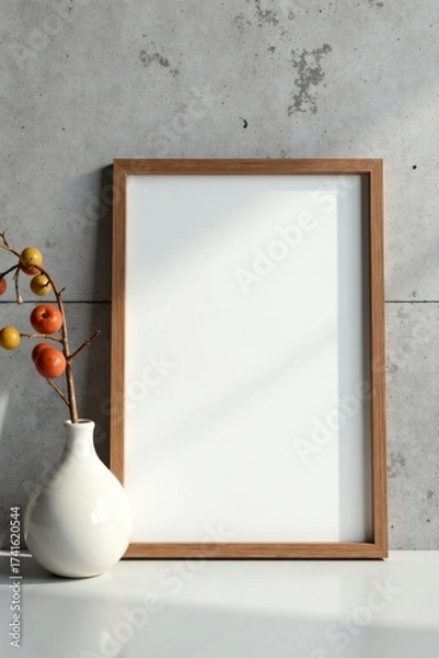 Fototapeta Modern Minimalist Blank Frame Mockup with Autumnal Branch in Vase Against Textured Wall