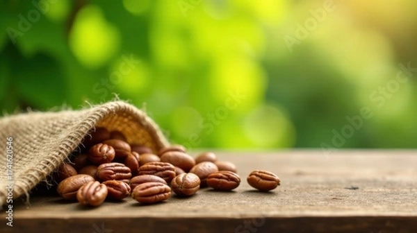 Fototapeta Rustic Burlap Sack Overflowing with Aromatic Pecan Nuts on Wooden Surface, Set Against a Soft-Focus Green Background
