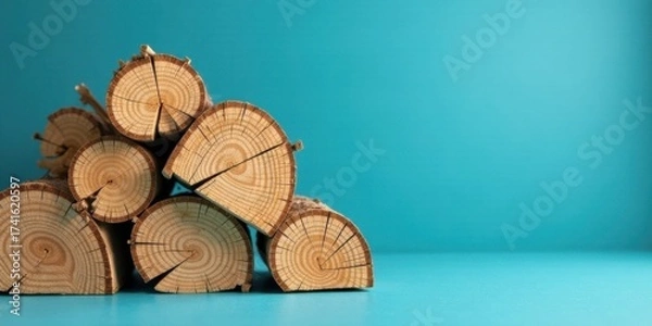 Fototapeta Stack of Wooden Logs Against a Teal Background, Showing Natural Wood Grain and Texture
