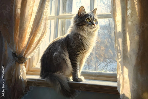 Fototapeta Elegance and Serenity: A Ct's Contemplative Morning y the Window
