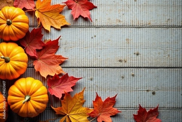 Fototapeta Autumnal Harvest  Miniature Pumpkins and Vibrant Fall Foliage Arranged on Rustic Weathered Wood Surface