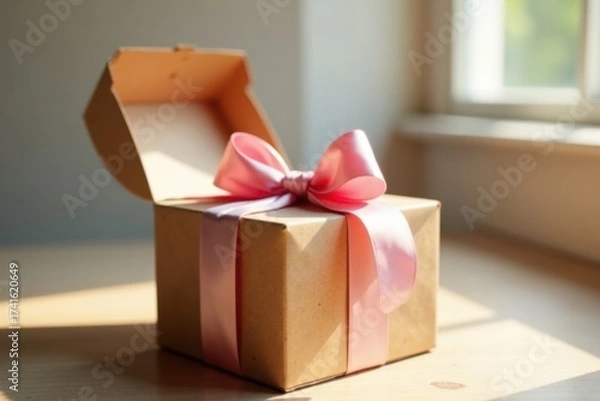 Fototapeta A delicately tied pink ribbon adorns a charming kraft paper gift box, partially open to reveal its contents, bathed in warm sunlight streaming through a nearby window.