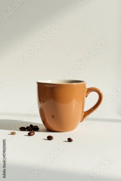 Fototapeta A terracotta coffee mug sits on a bright white surface, bathed in sunlight, with a scattering of roasted coffee beans nearby, creating a minimalist and calming scene.