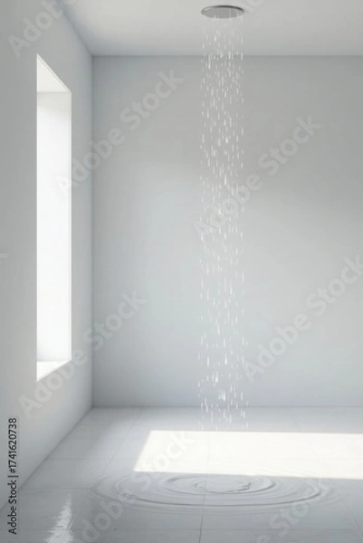 Fototapeta Serene Minimalist Room with a Ceiling-Mounted Rainfall Showerhead Creating a Tranquil Atmosphere