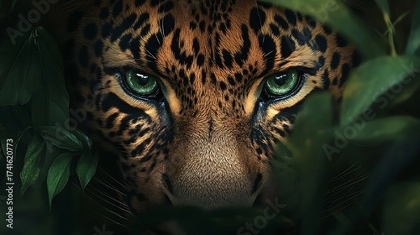 Obraz Fierce jaguar’s gaze through dense jungle foliage in focus