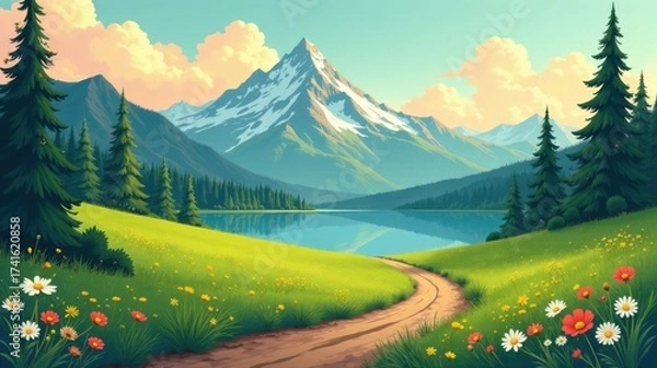 Fototapeta Serene Lakeside Meadow Path Winding Towards Majestic Snow-Capped Mountains Under a Pastel Sky
