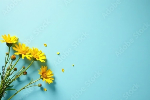 Fototapeta Bright Yellow Flowers on a Light Blue Background, a Delightful Springtime Floral Arrangement with Copy Space for Inspirational Messages or Seasonal Greetings
