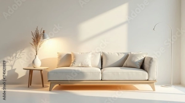 Fototapeta Serene Minimalist Living Room with Neutral Tones and Soft Lighting Featuring a Modern Sofa and Simple Side Table