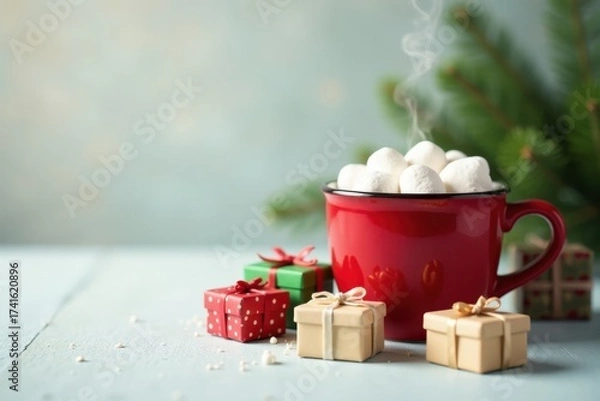 Fototapeta Warm beverage with marshmallows and small gifts on a table