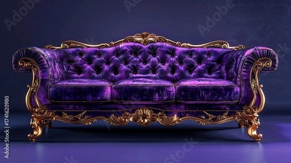 Obraz Luxury purple velvet couch with gold detailing and plush cushions