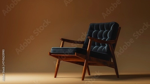 Obraz Elegant wooden armchair with dark fabric against neutral backdrop