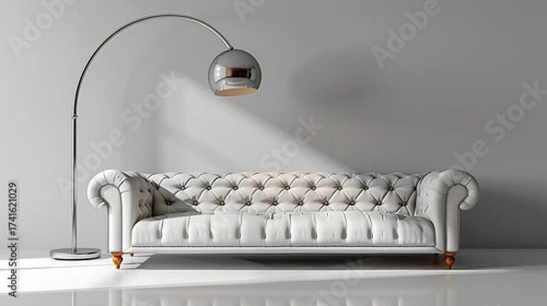 Obraz Sleek white leather sofa with chrome arch lamp in modern room