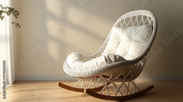 Obraz Comfortable white cushioned wicker rocking chair in sunlit room