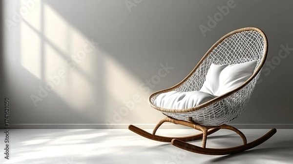 Obraz Stylish wicker rocking chair with plush white cushions in sunlight