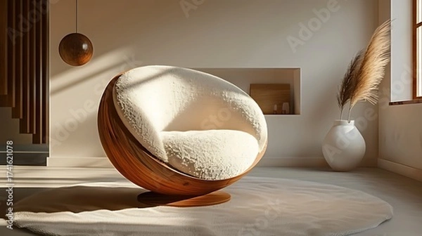 Obraz Minimalist round white chair with wooden base in sunlit room