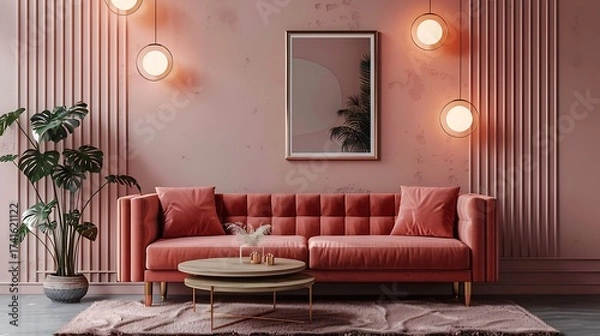 Obraz Bright red-orange armchairs around coffee table in library setting