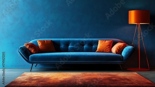Obraz Modern blue velvet sofa with orange cushions and lamp accent