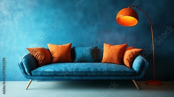 Obraz Elegant blue sofa with orange pillows and stylish floor lamp.