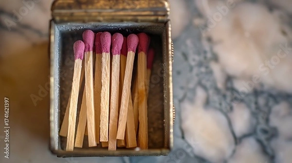 Obraz Close-up of matchsticks in a vintage tin container
