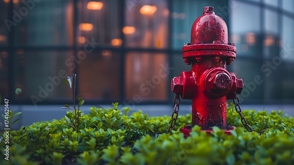 Obraz Red hydrant surrounded by green plants and urban setting