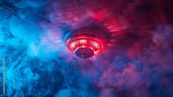 Obraz Fire alarm sensor surrounded by red light and smoke