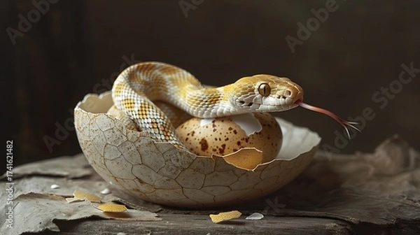Obraz Snake emerging from cracked egg, symbolizing new life