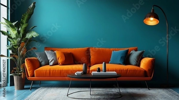 Obraz Modern living room with orange sofa and colorful cushions