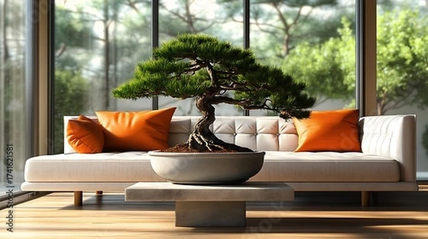 Obraz Bonsai tree placed in modern living room with orange pillows.