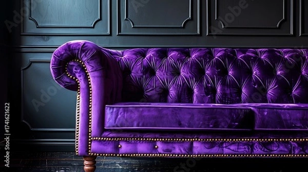 Obraz Luxurious purple velvet sofa in elegant dark room setting
