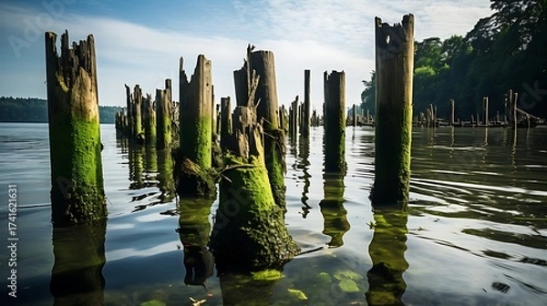 Obraz Weathered wooden poles rise from tranquil water surrounded by nature