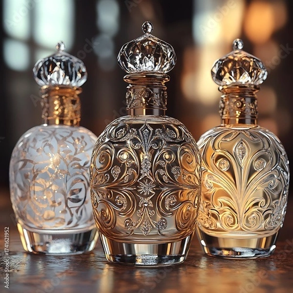 Obraz Elegant crystal perfume bottles with intricate designs and luxury.