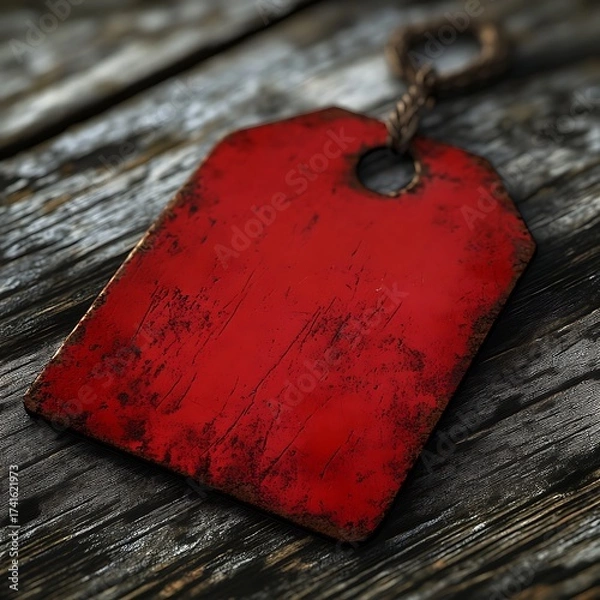 Obraz Red price tag with a vintage worn-out look on wood.