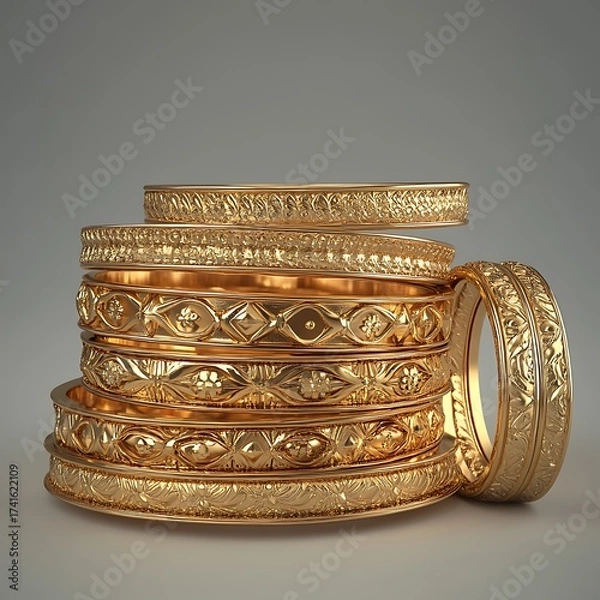 Obraz Stacked gold bangles with intricate patterns and elegant designs.