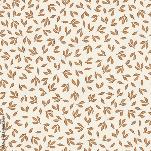 Fototapeta Vector illustration. Minimalist Seamless pattern of delicate autumn leaves. Cozy autumn season. Brown leaves on a beige background. Boho fabric design, wrapping paper
