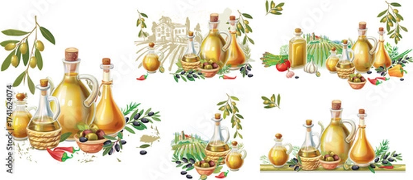 Fototapeta Rustic Olive Oil Bottles with Olives and Vegetables in Mediterranean Style