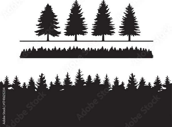 Fototapeta Silhouette of a coniferous forest isolated on white background