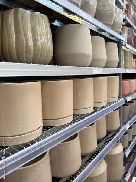 Fototapeta Rows of ceramic planters in various shapes are neatly arranged on store shelves, showcasing neutral tones and textures in bright indoor lighting