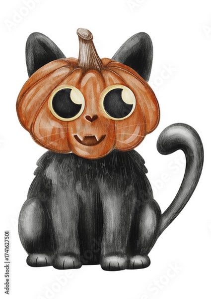 Fototapeta Watercolor isolated illustration of a cute black cat with a pumpkin head. Transparent background. Halloween cartoon animal character for holiday design and decoration