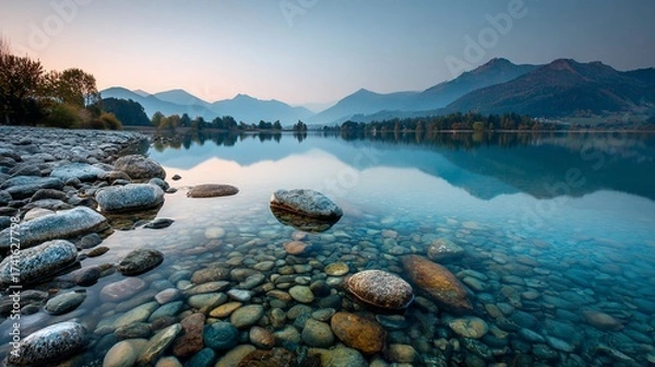 Obraz Tranquil lake at dusk reflects mountains, with rocks along the shoreline