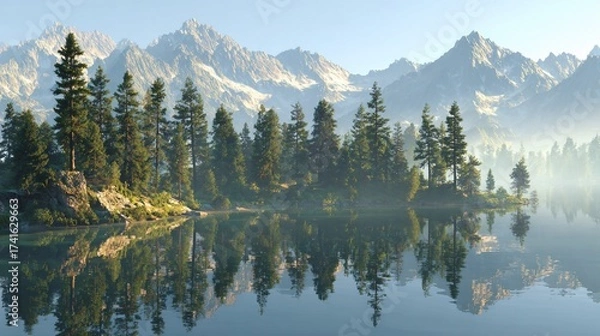 Obraz Tranquil lake reflects misty mountains and forest on a clear, sunny day