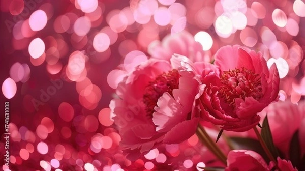 Fototapeta Delicate peonies, detailed petals, and a luminous background in the bokeh style are the concept of natural beauty.