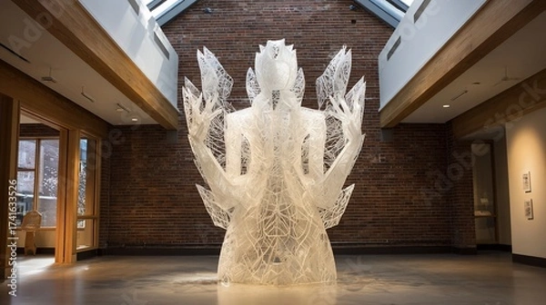 Obraz Translucent, crystalline sculpture in gallery with brick wall and skylight