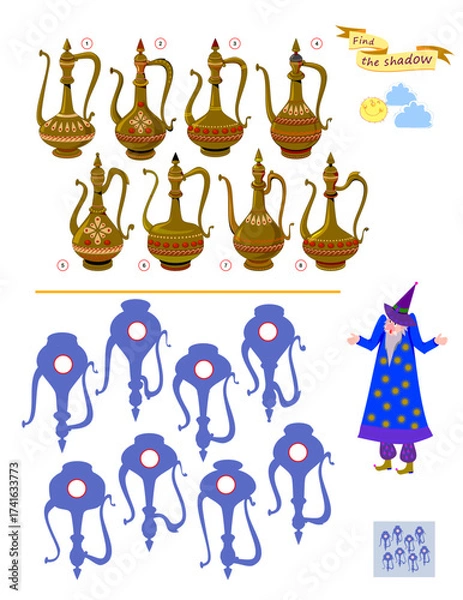 Fototapeta Can you find the shadow of each jug? Best puzzles for kids. Write the numbers in circles. Educational game for children. Task for attentiveness. Game Seek and Find. Hand drawn vector illustration.