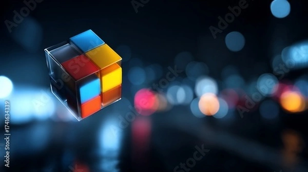 Obraz Translucent cube with colorful squares hovers; blurred cityscape background